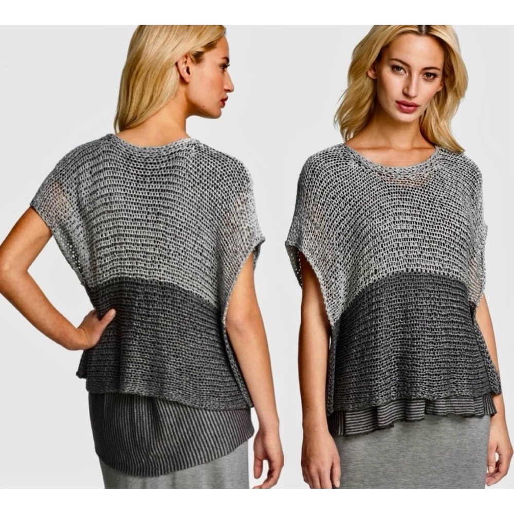 Eileen Fisher Bateau Neck Cropped Top Knit Open Twist Gray Medium NWT